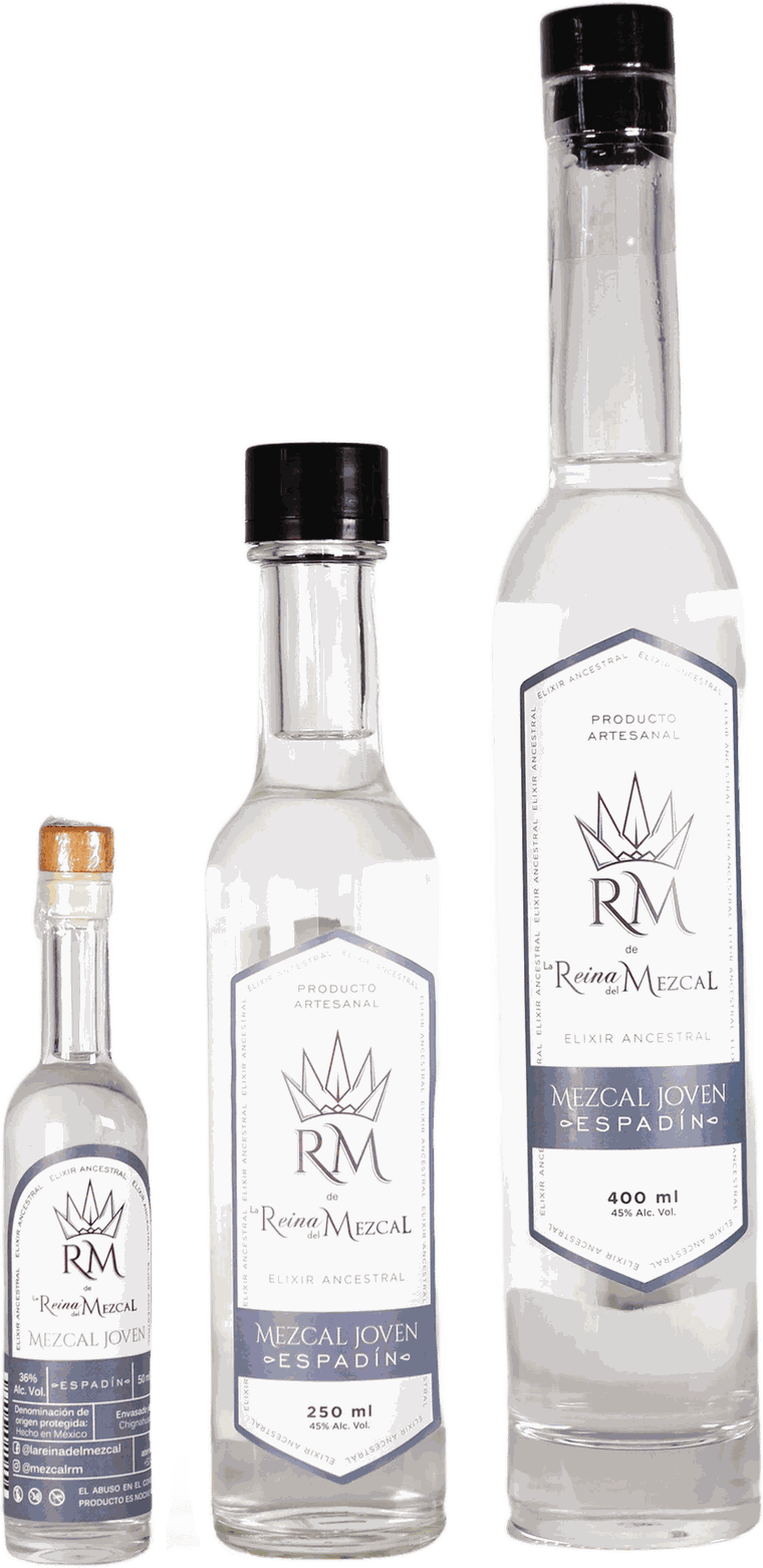 Mezcal Joven Espadín en sus tres presentaciones: 50 ml, 250 ml y 400 ml